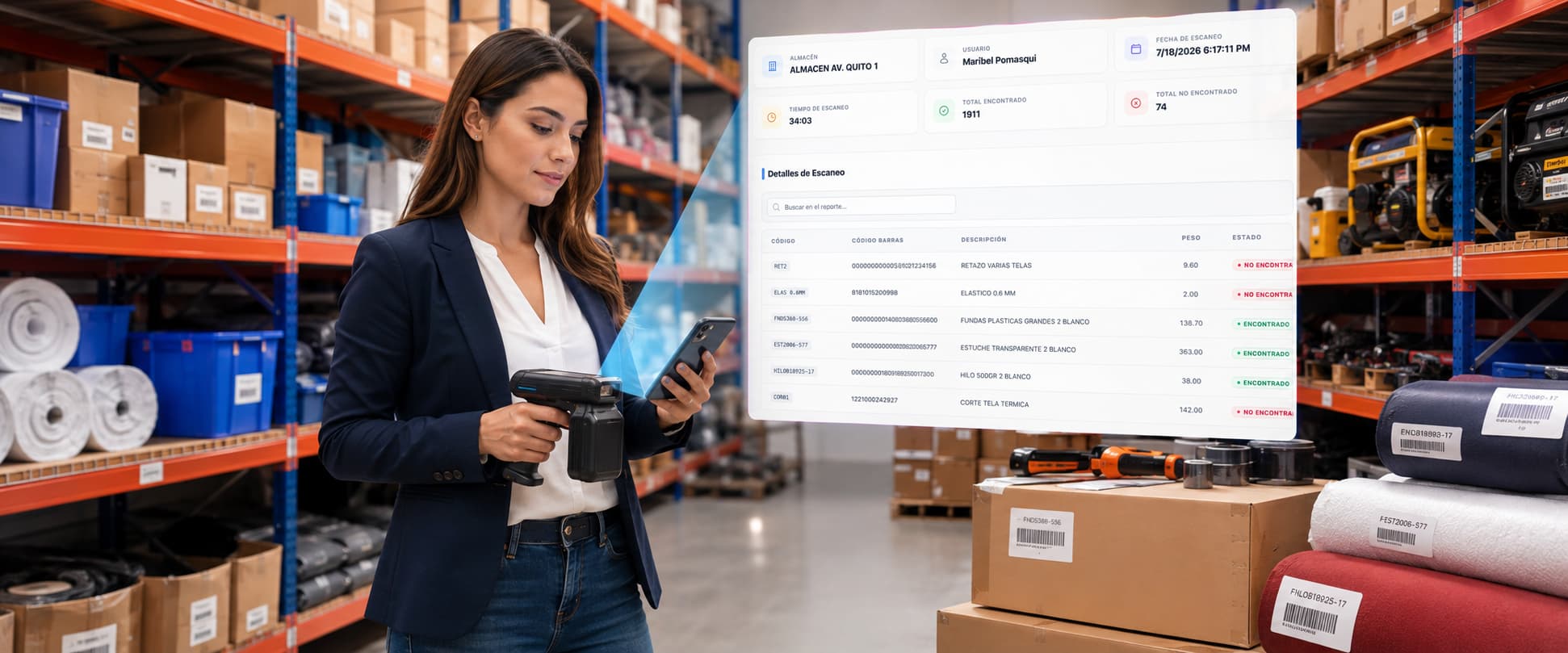 Profesional usando tecnologia RFID Makila para escaneo de inventario en bodega
