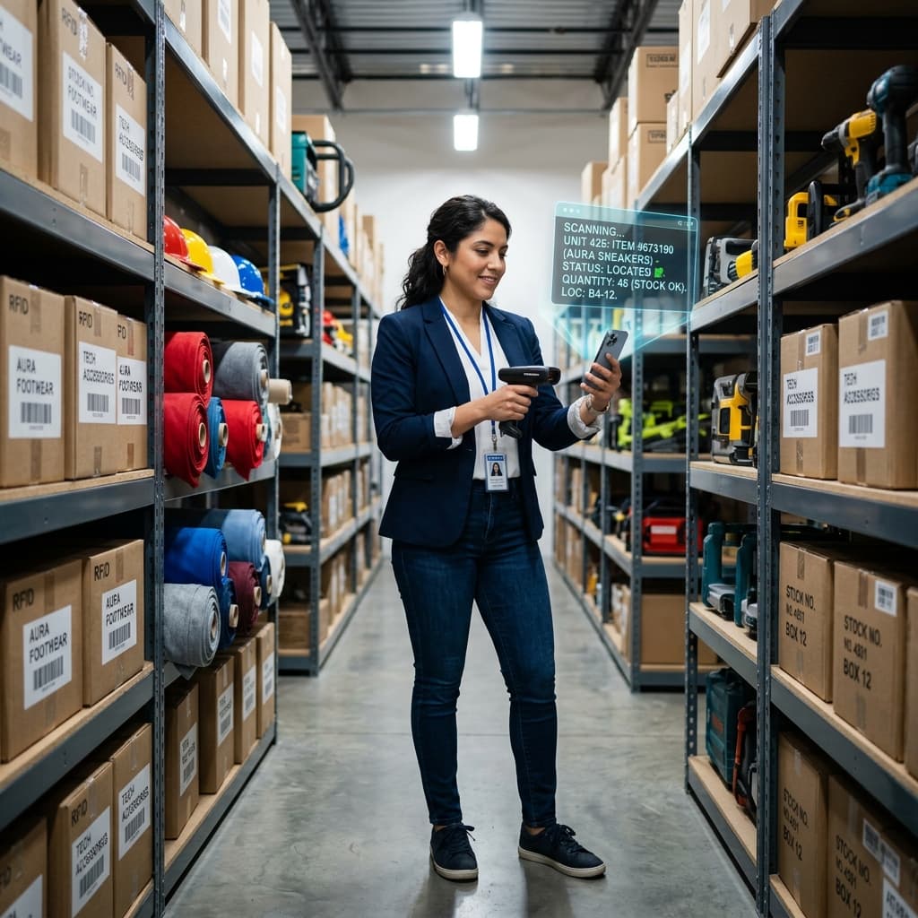 Profesional usando tecnologia RFID Makila para escaneo de inventario en bodega